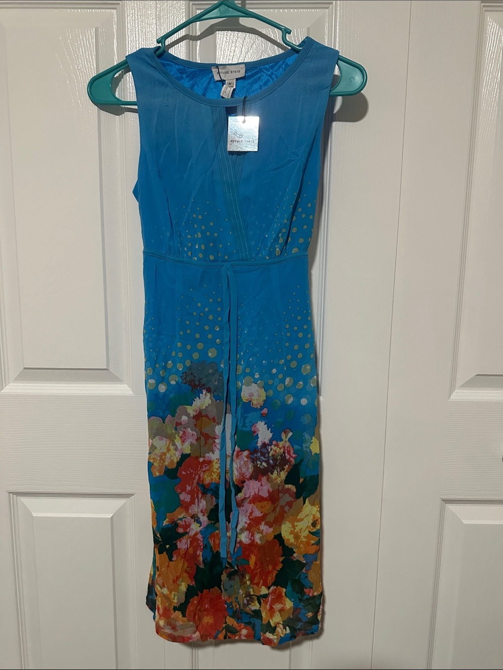 Bright Blue Floral Maxi Dress with Waist Tie